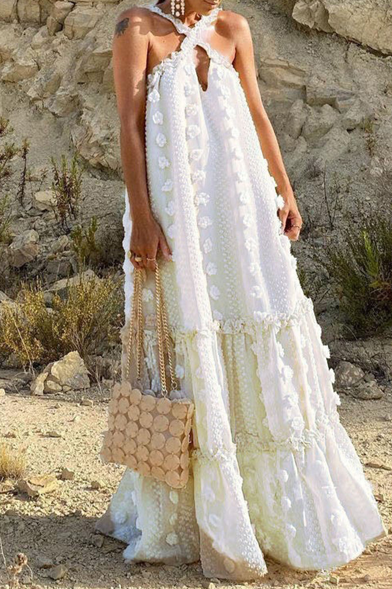 Robes A-line style britannique décontracté, patchwork uni, avec décolleté halter (6 couleurs)