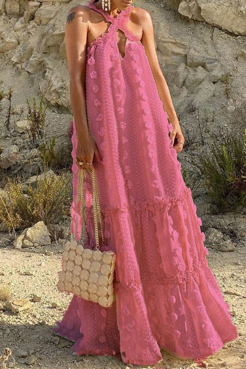 Robes A-line style britannique décontracté, patchwork uni, avec décolleté halter (6 couleurs)