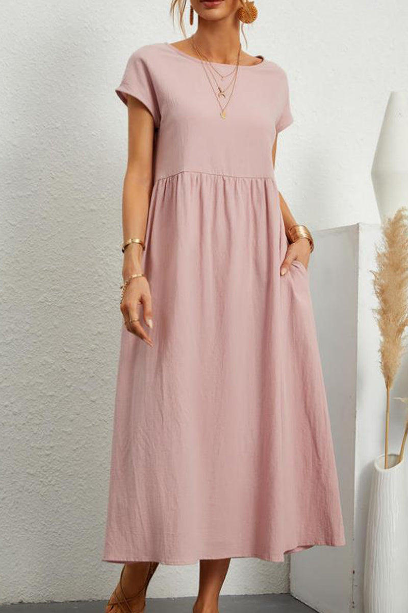 Robe décontractée, uni, avec poches, col rond, manches courtes (11 couleurs)