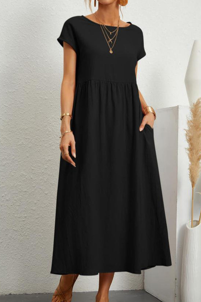 Robe décontractée, uni, avec poches, col rond, manches courtes (11 couleurs)