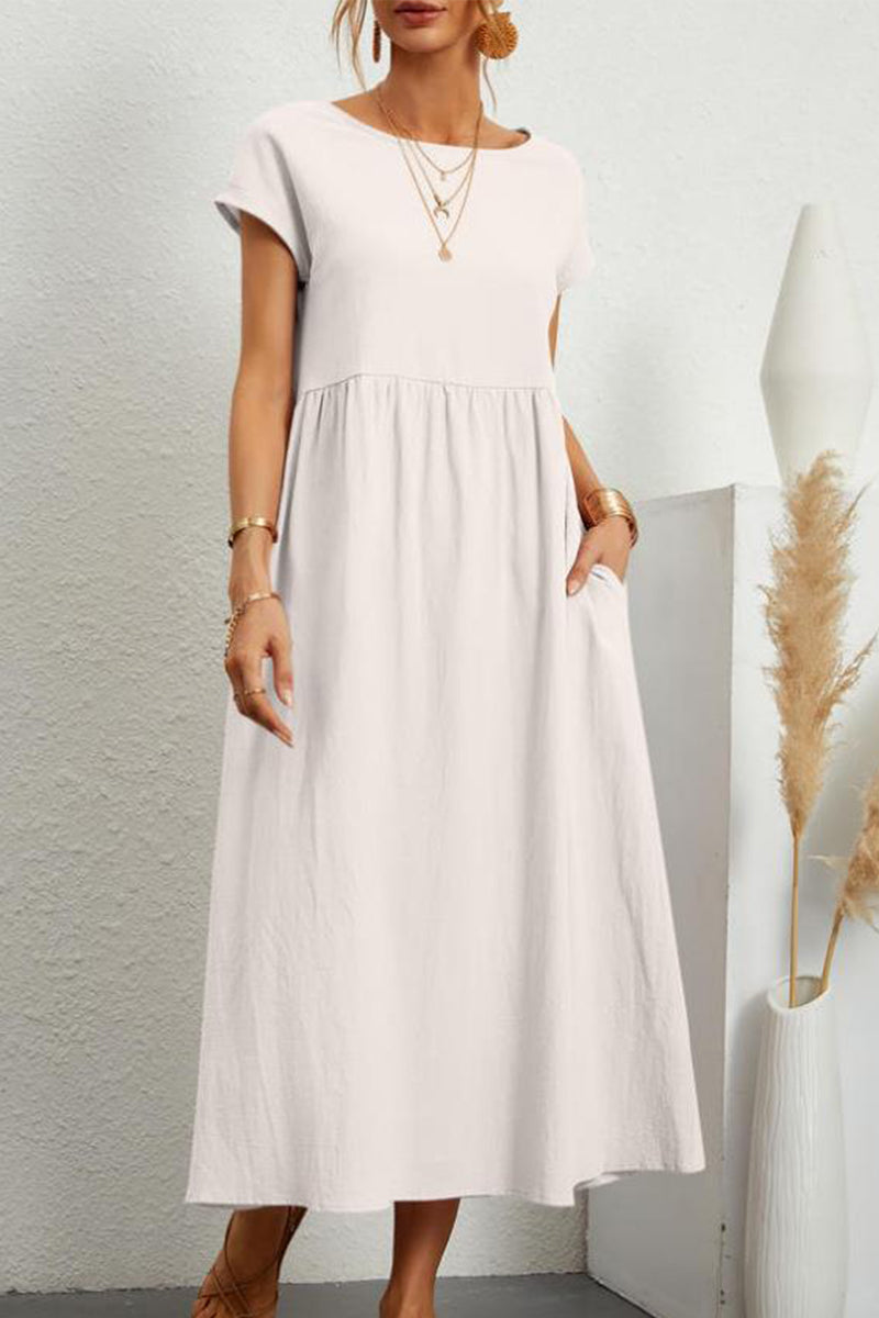 Robe décontractée, uni, avec poches, col rond, manches courtes (11 couleurs)