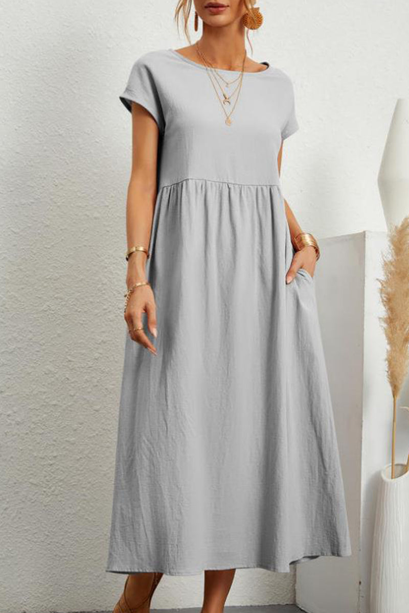 Robe décontractée, uni, avec poches, col rond, manches courtes (11 couleurs)