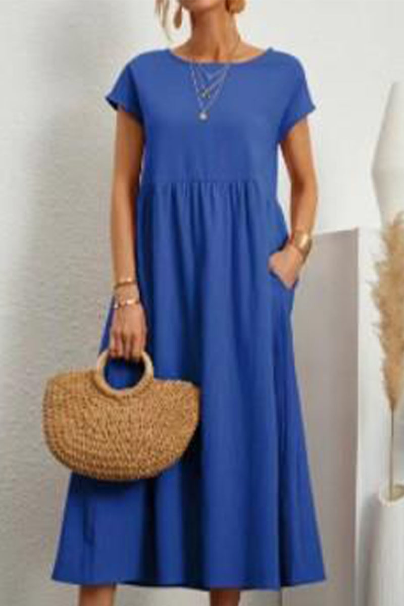 Robe décontractée, uni, avec poches, col rond, manches courtes (11 couleurs)