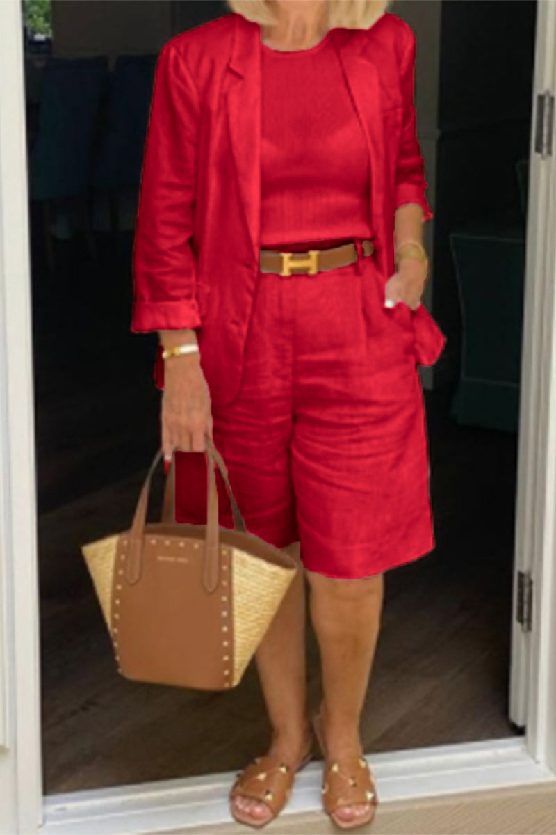 Casual Simplicity Solid Turn-back Collar Nine Points Sleeve Two Pieces(4 Colors)