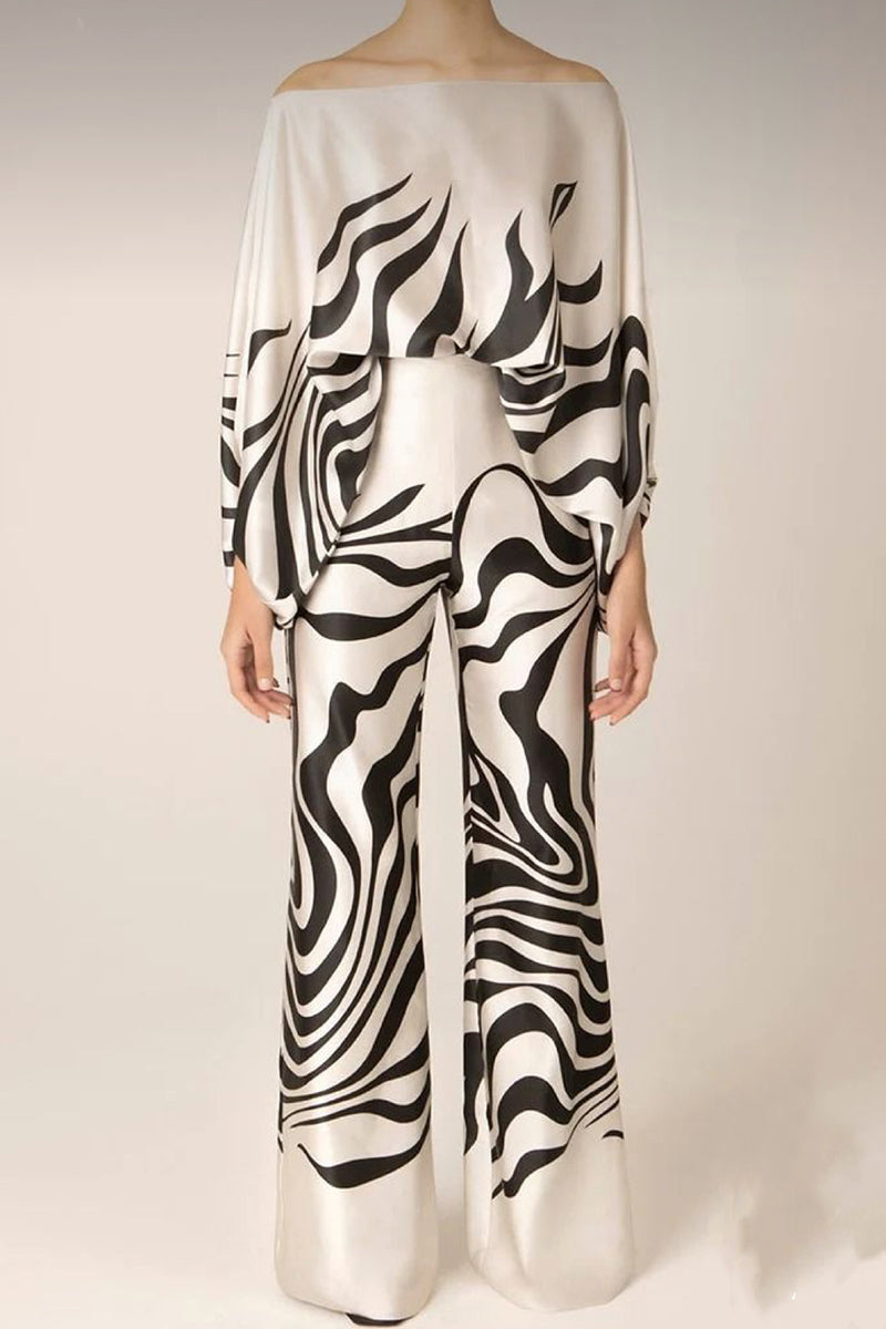 Ensemble deux pièces décontracté et élégant, imprimé, patchwork, manches longues, épaules dénudées (11 couleurs)