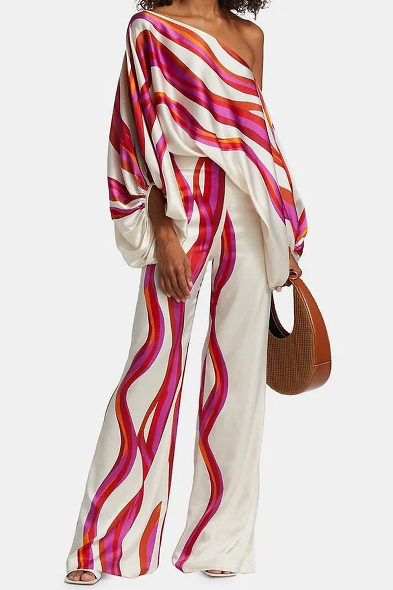 Ensemble deux pièces décontracté et élégant, imprimé, patchwork, manches longues, épaules dénudées (11 couleurs)