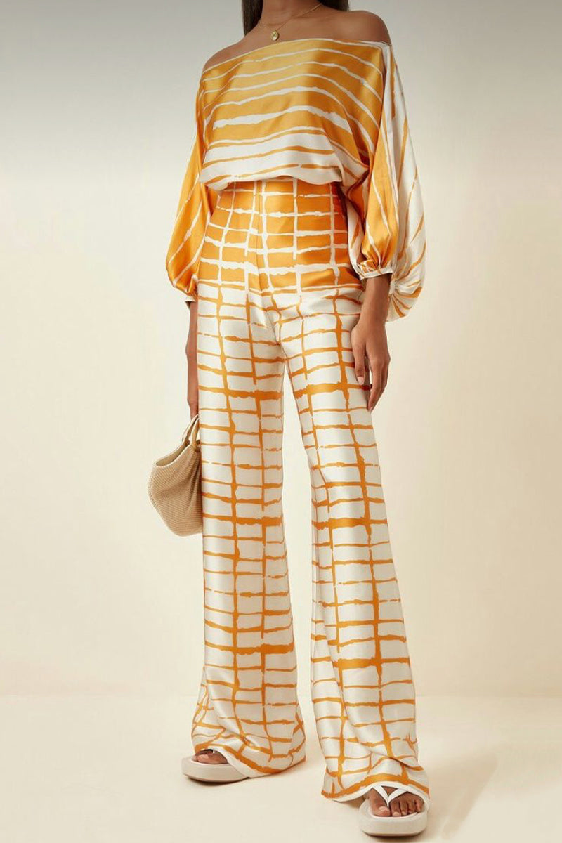 Ensemble deux pièces décontracté et élégant, imprimé, patchwork, manches longues, épaules dénudées (11 couleurs)