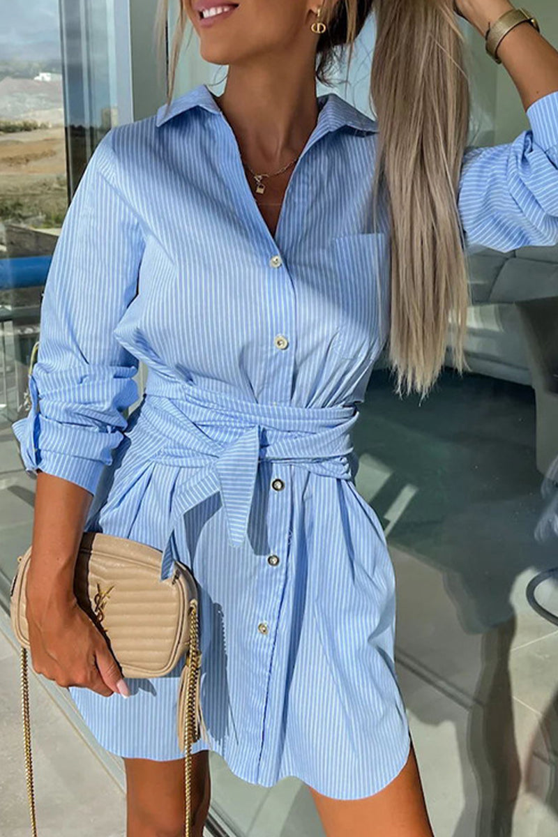 Robe chemise col chemise, simple et décontractée, à poches, uni.