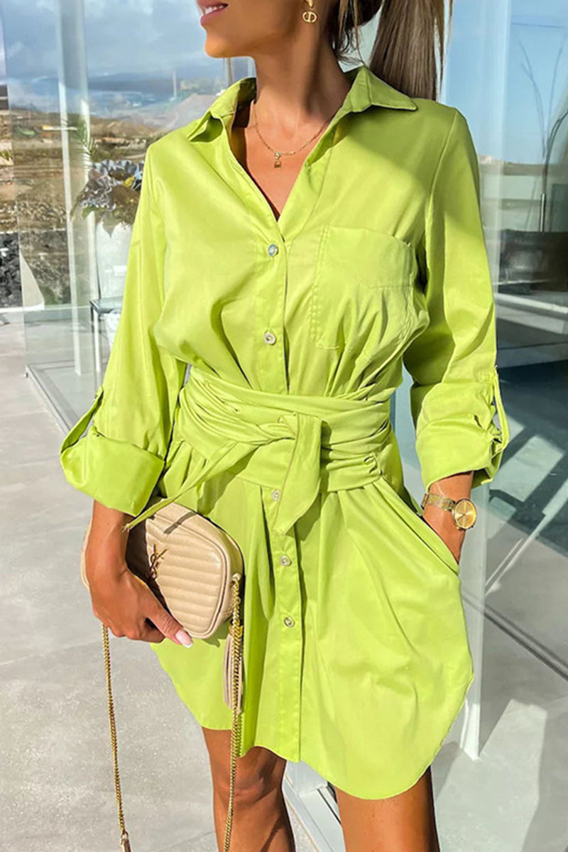 Robe chemise col chemise, simple et décontractée, à poches, uni.