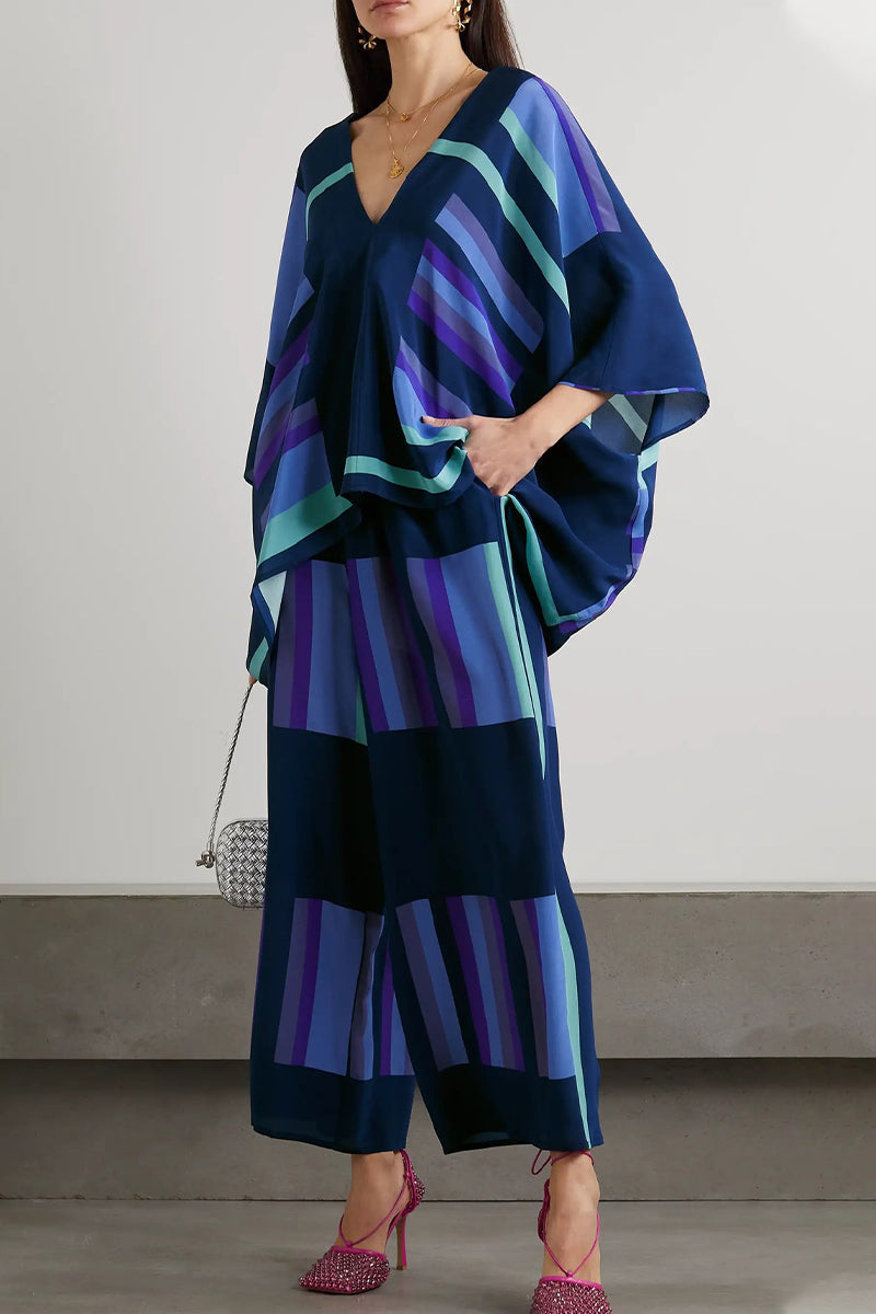 Ensemble deux pièces décontracté style britannique, imprimé géométrique, patchwork, col en V, manches 9/10.