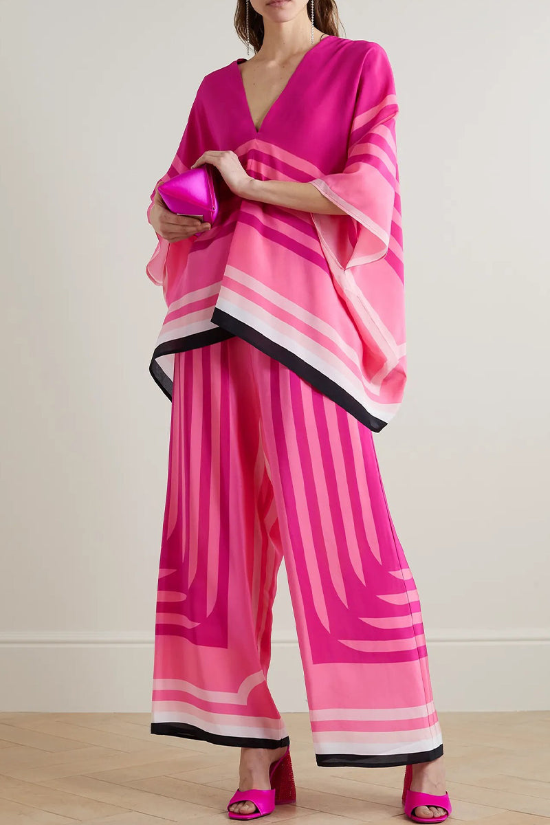 Ensemble deux pièces décontracté style britannique, imprimé géométrique, patchwork, col en V, manches 9/10.