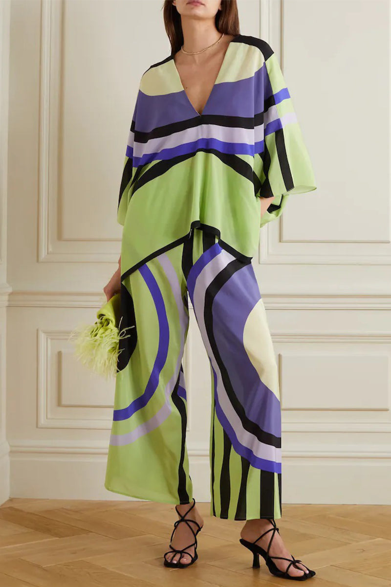 Ensemble deux pièces décontracté style britannique, imprimé géométrique, patchwork, col en V, manches 9/10.