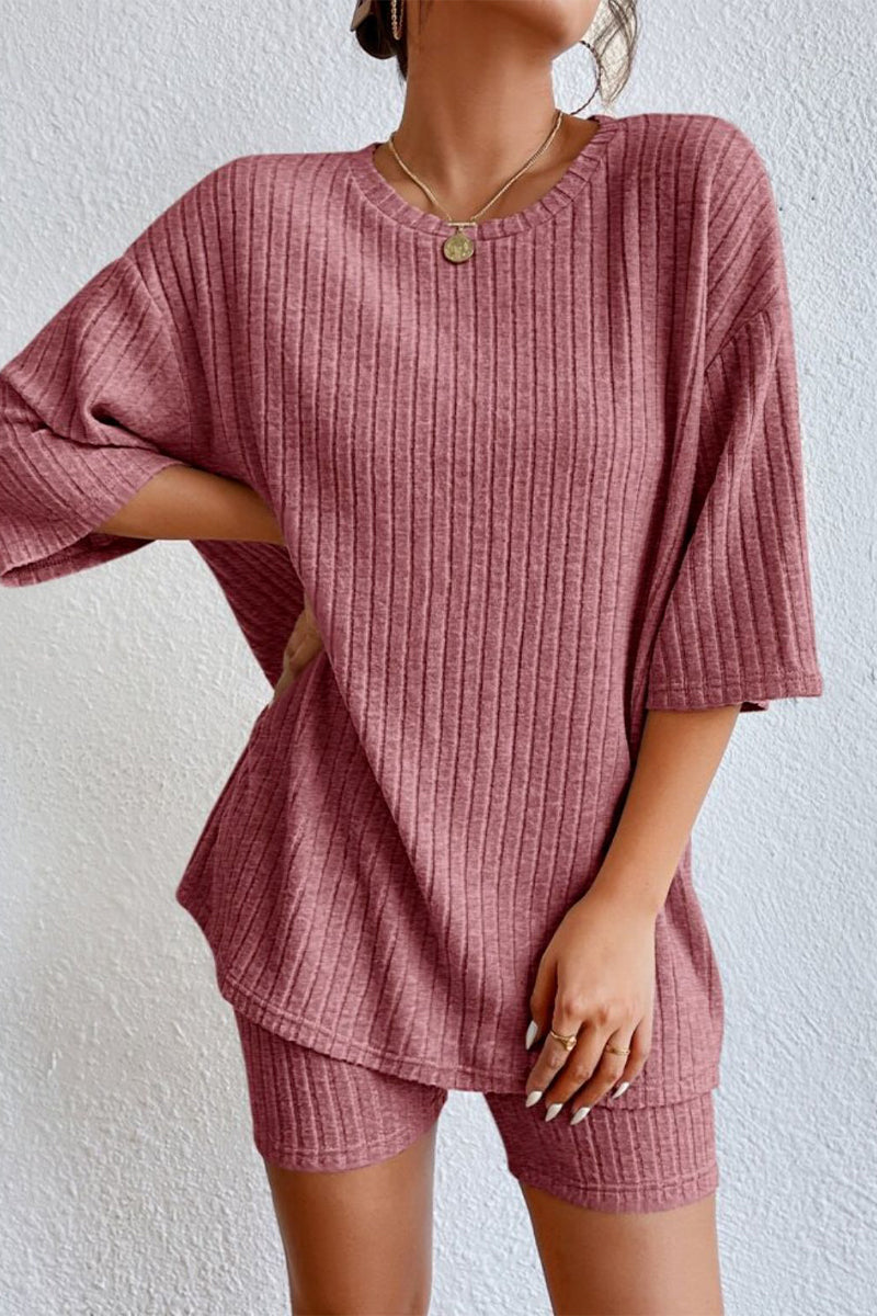 Tenue décontractée, deux pièces, manches courtes, col rond, couleur unie (4 couleurs)