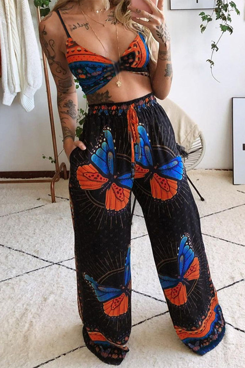 Sexy College Print Patchwork V Neck Sleeveless Two Pieces