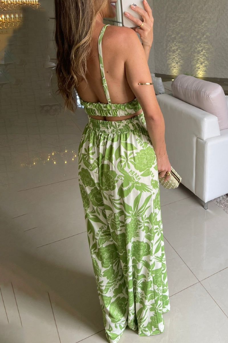 Ensemble deux pièces décontracté à col en V et sans manches, à motifs floraux.