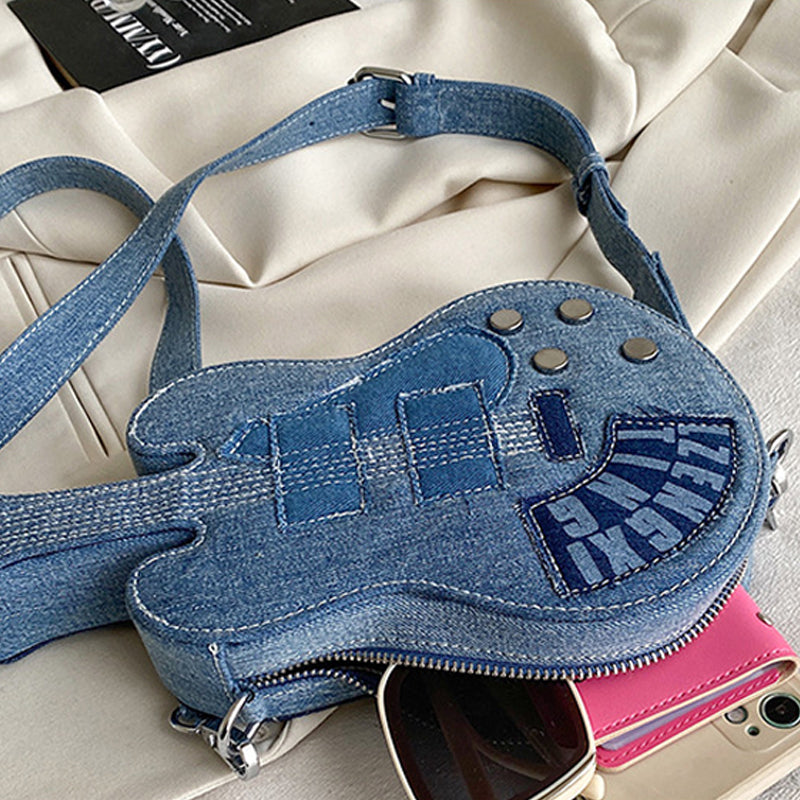 Sac à bandoulière en forme de violon, style patchwork décontracté, avec fermeture éclair.