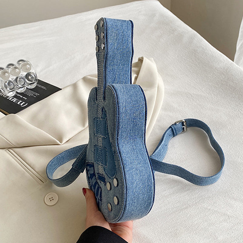 Sac à bandoulière en forme de violon, style patchwork décontracté, avec fermeture éclair.