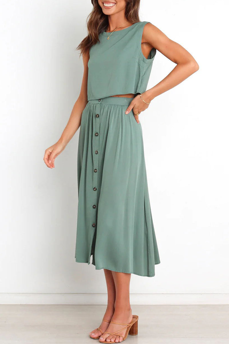 Ensemble deux pièces décontracté, uni, col rond, sans manches, pour tous les jours.