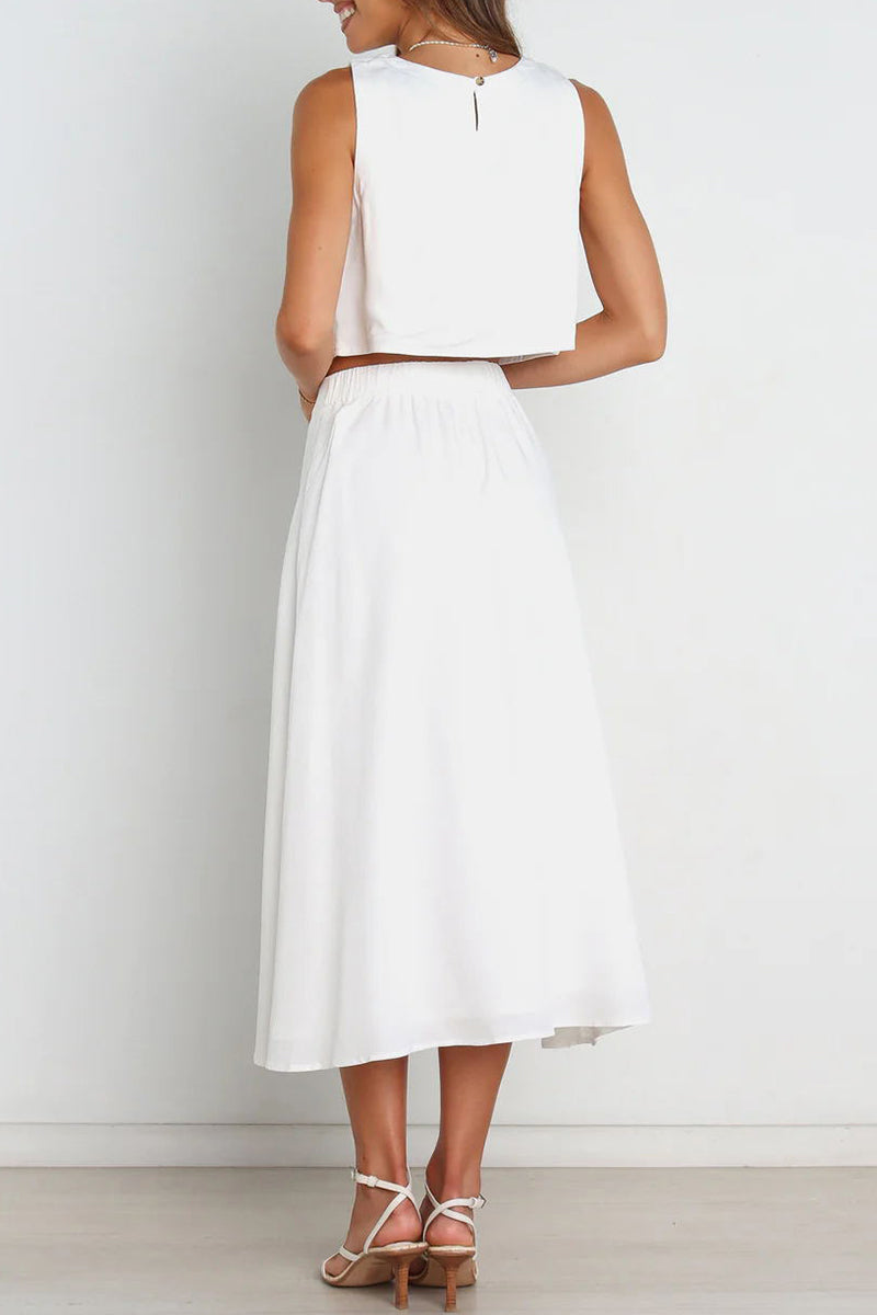 Ensemble deux pièces décontracté, uni, col rond, sans manches, pour tous les jours.