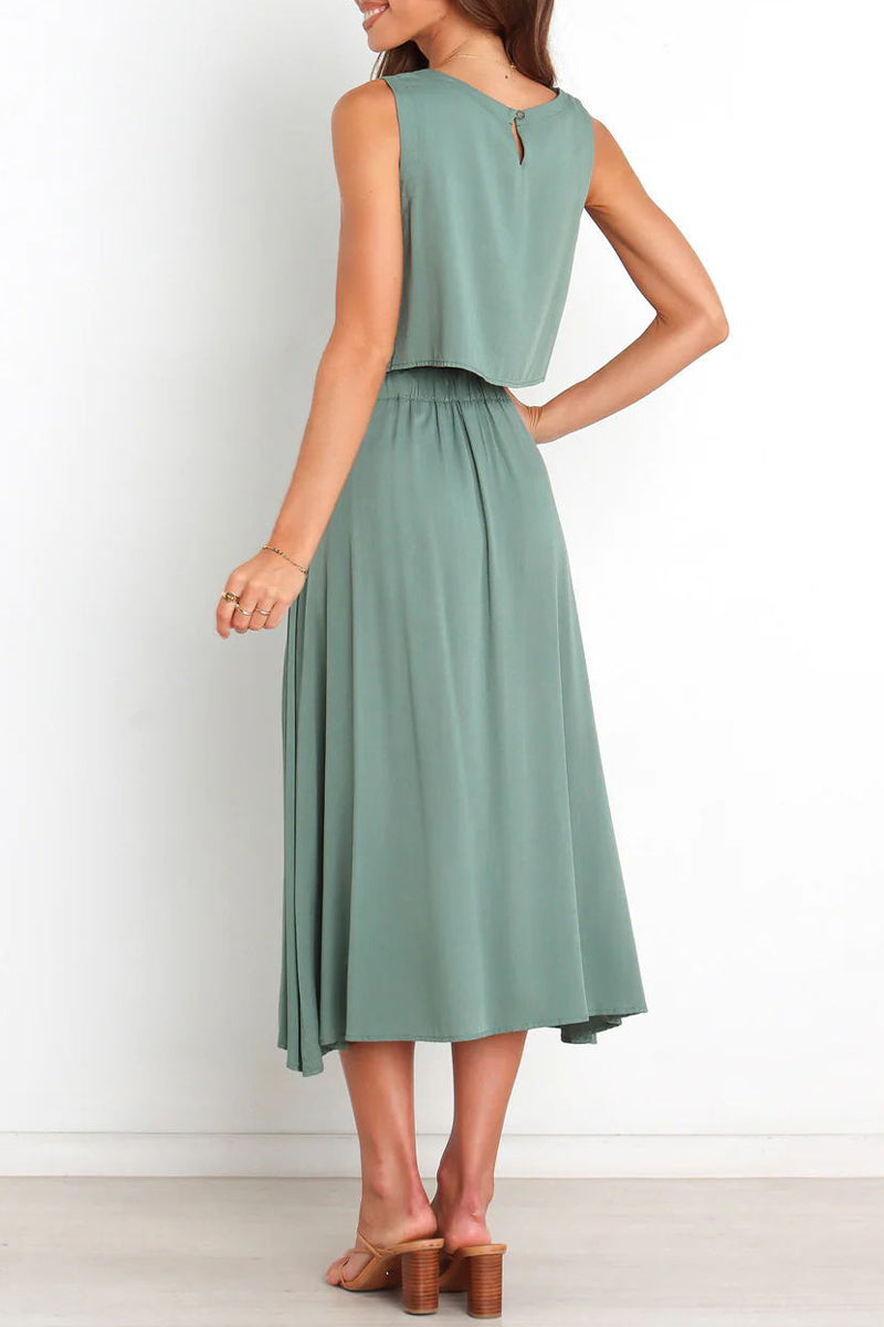 Ensemble deux pièces décontracté, uni, col rond, sans manches, pour tous les jours.