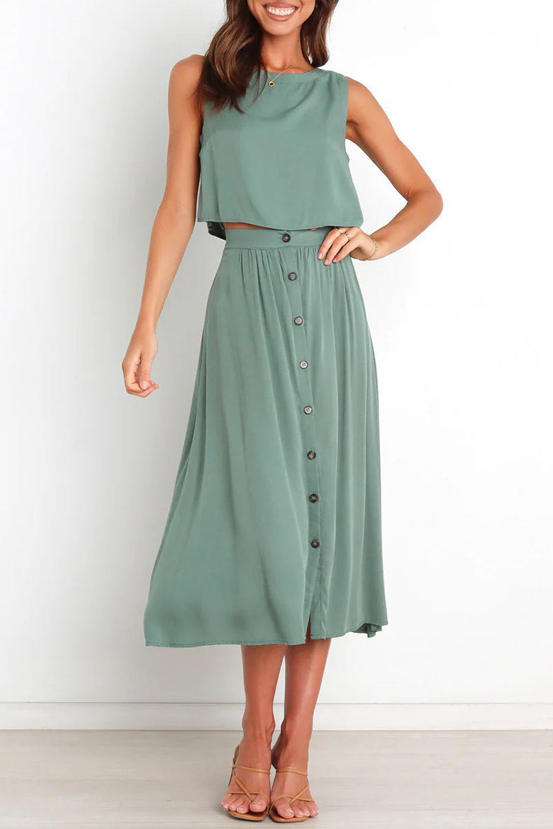 Ensemble deux pièces décontracté, uni, col rond, sans manches, pour tous les jours.