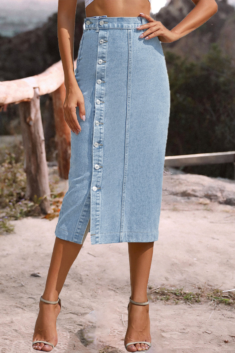 Elegant Solid Buckle Slit High Waist Pencil Solid Color Bottoms(5 Colors)