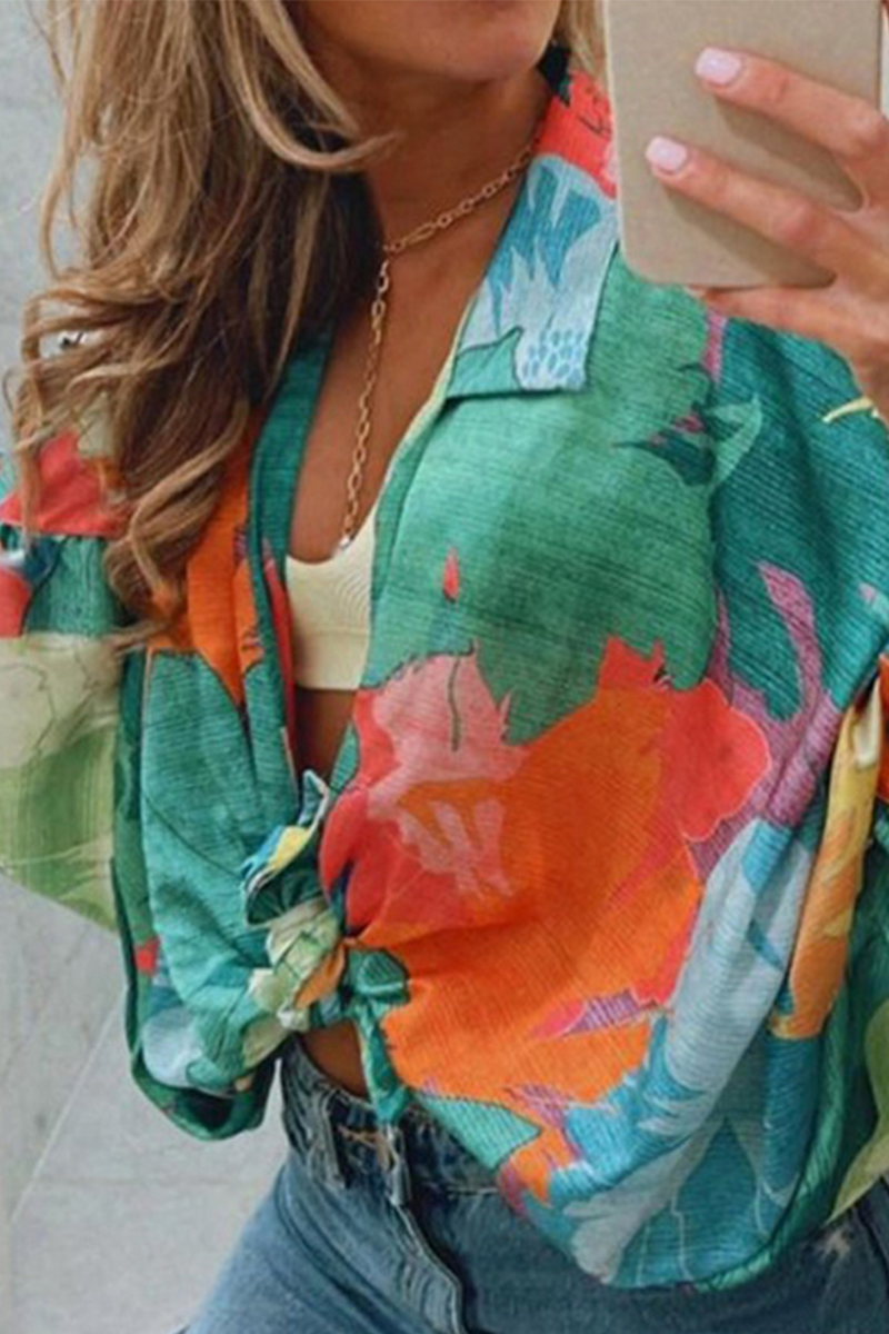 Casual Print Patchwork Turndown Collar Tops (4 colors)