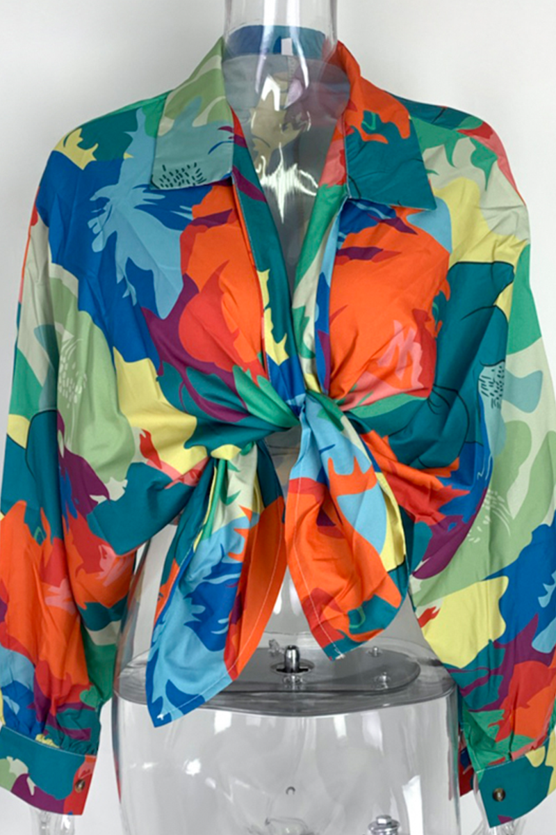 Casual Print Patchwork Turndown Collar Tops (4 colors)