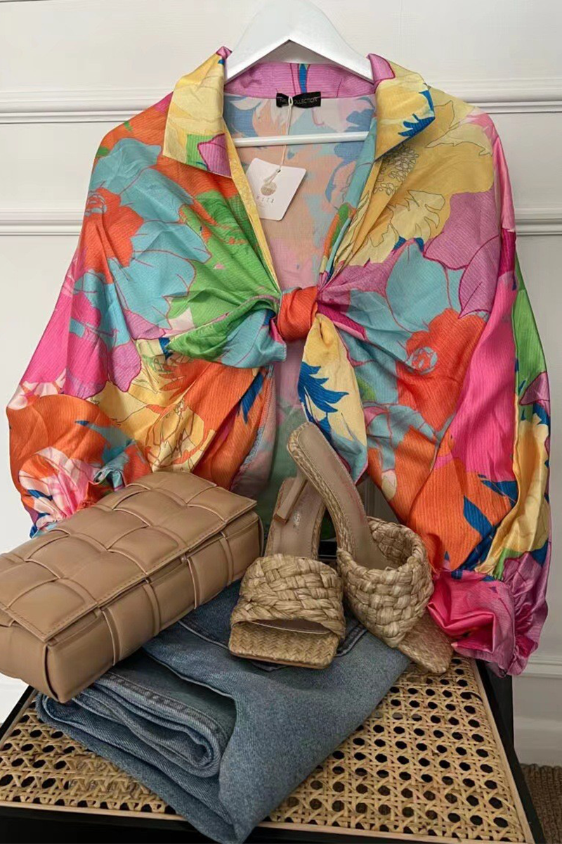 Casual Print Patchwork Turndown Collar Tops (4 colors)