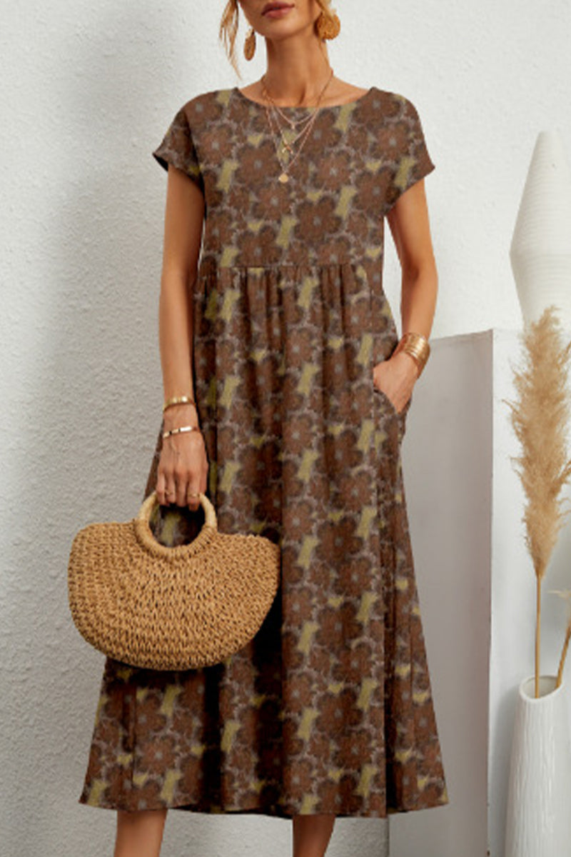 Robe imprimée casual à col rond et poches, motif floral (8 couleurs)