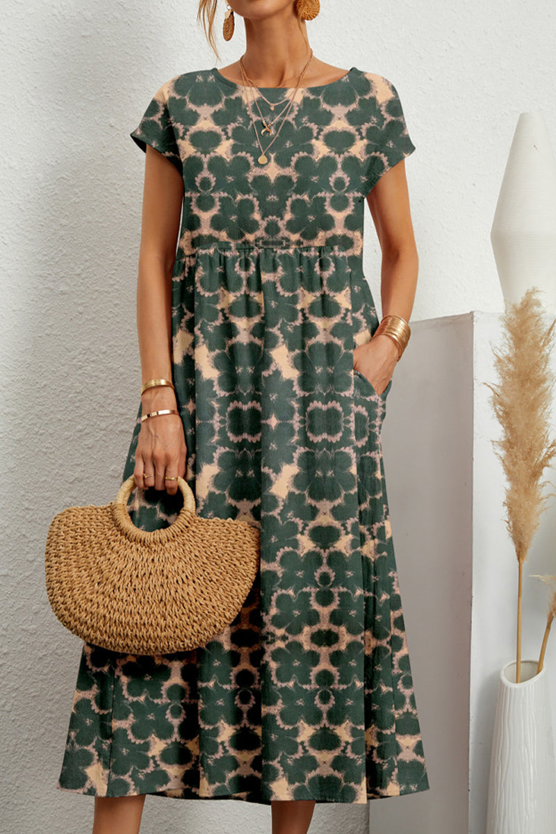 Robe imprimée casual à col rond et poches, motif floral (8 couleurs)