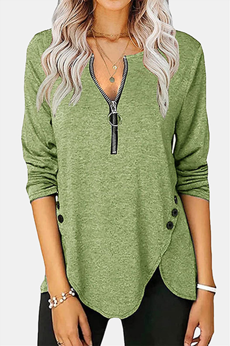 Casual Solid Buckle Asymmetrical Zipper Collar Tops(5 Colors)