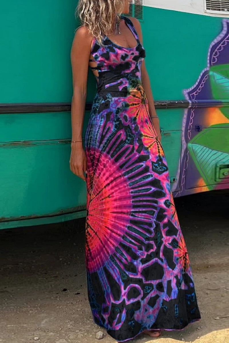 Robe gilet décontractée imprimée, dos nu, col en U (3 couleurs)