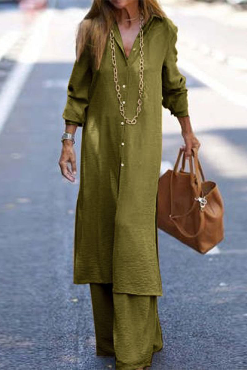 Casual Solid Buttons Turndown Collar Long Sleeve Two Pieces(3 Colors)