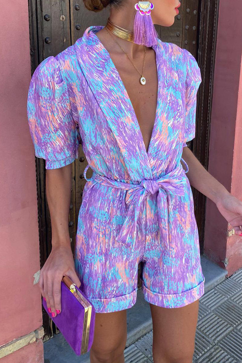 Combinaisons amples imprimées, col montant et bandage, style décontracté.