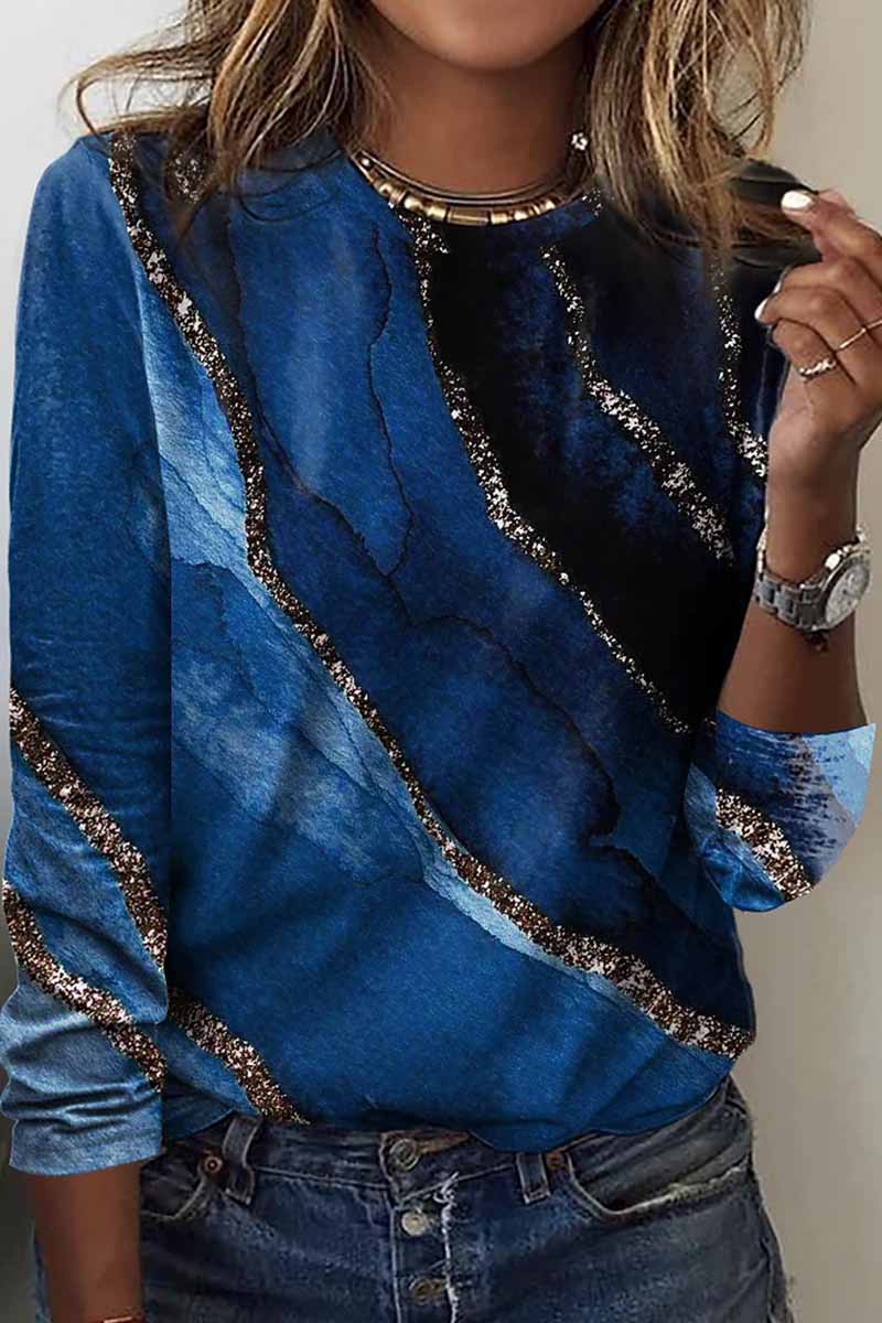 Casual Print Patchwork O Neck Tops(9 Colors)