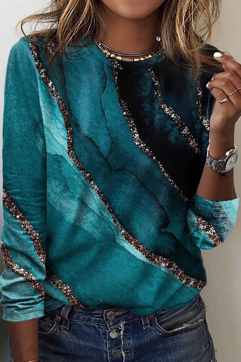 Casual Print Patchwork O Neck Tops(9 Colors)