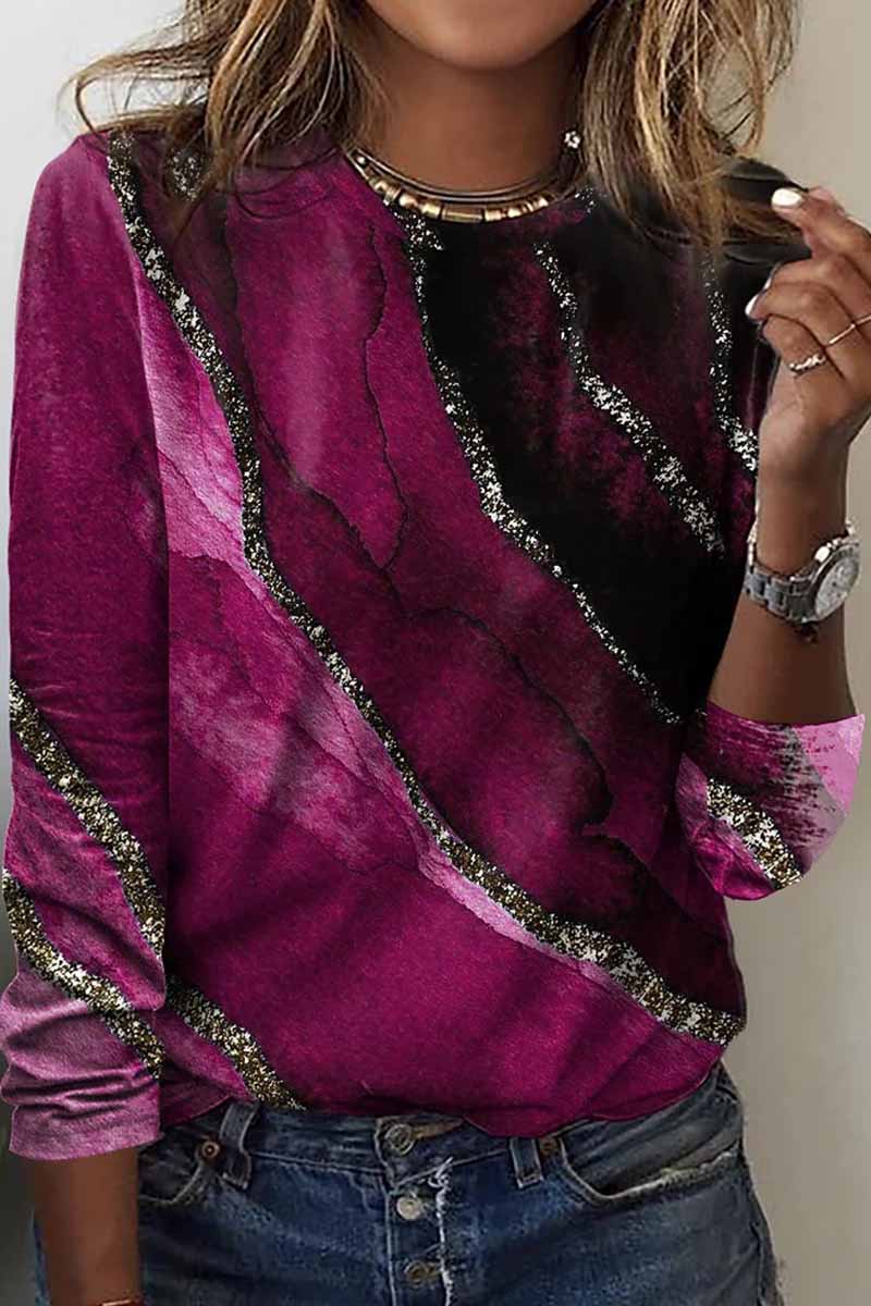 Casual Print Patchwork O Neck Tops(9 Colors)