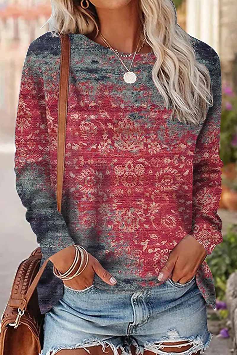Casual Print Patchwork O Neck Tops(9 Colors)