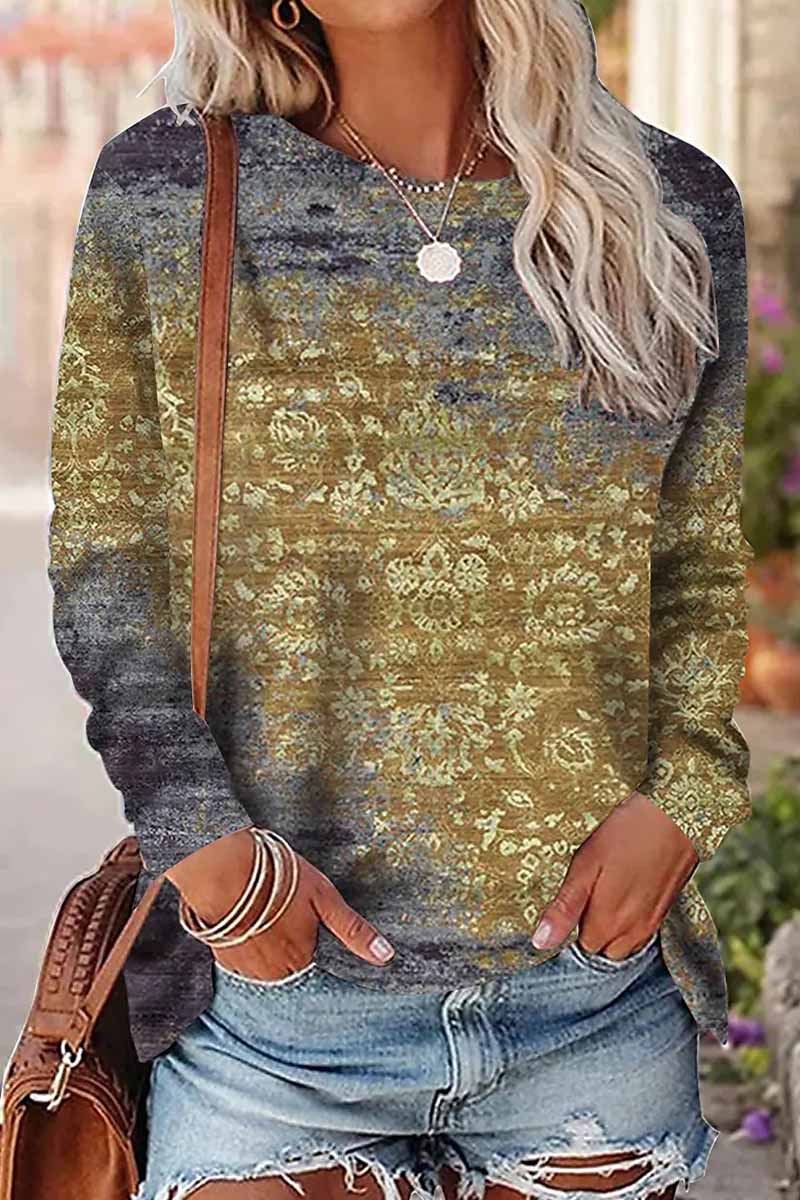 Casual Print Patchwork O Neck Tops(9 Colors)