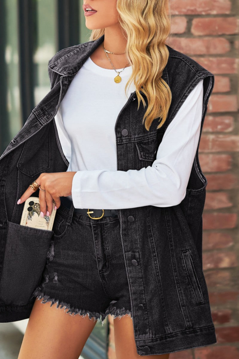 Veste en jean décontractée, à manches courtes, col à revers, patchwork uni.