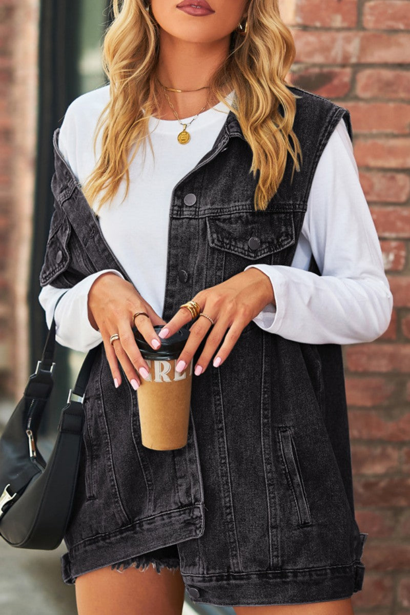 Veste en jean décontractée, à manches courtes, col à revers, patchwork uni.