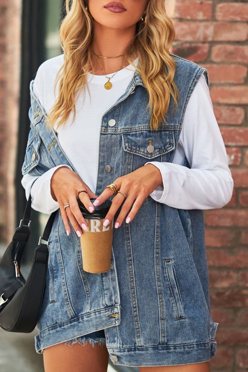 Veste en jean décontractée, à manches courtes, col à revers, patchwork uni.