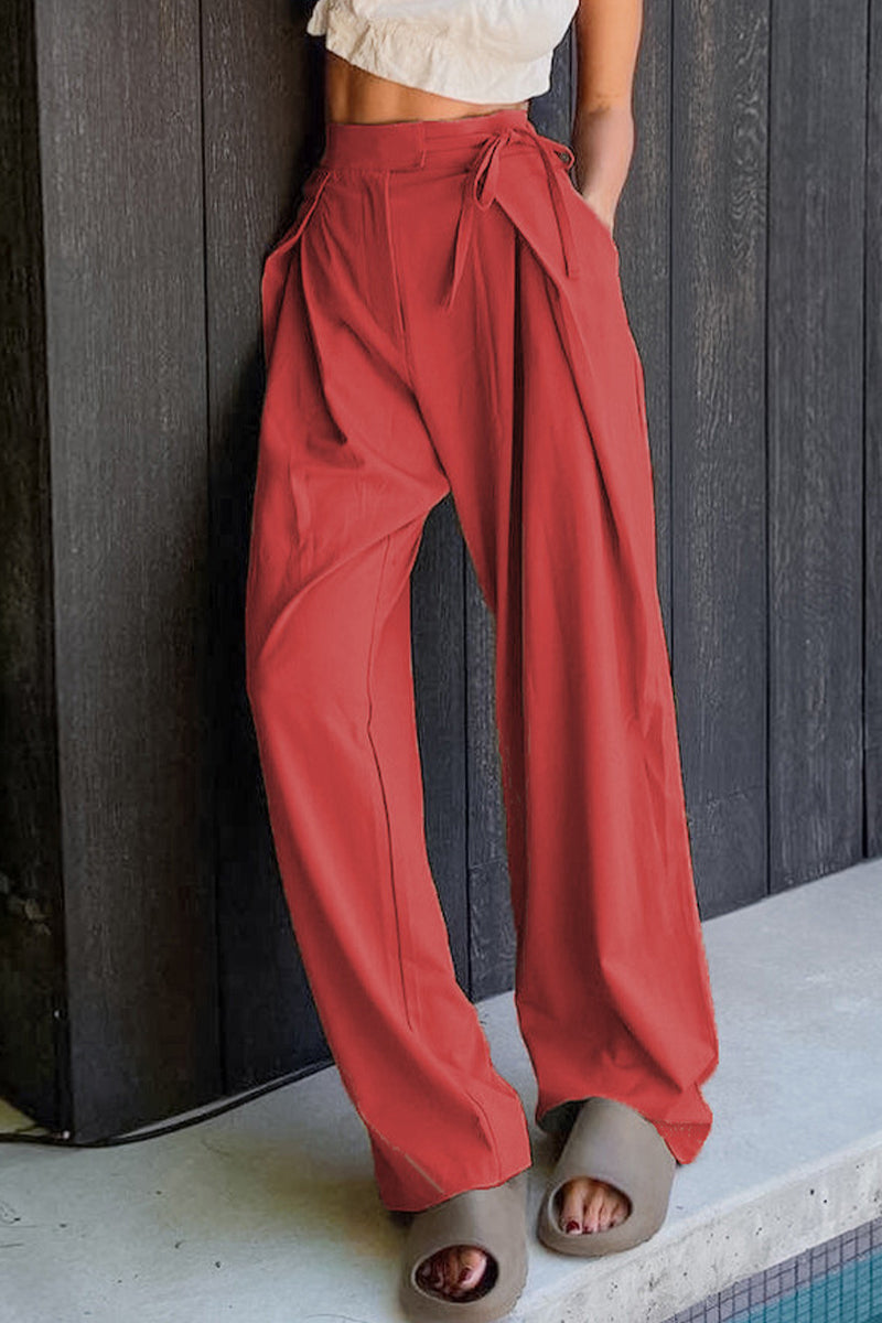 Casual Solid Frenulum Loose High Waist Straight Solid Color Bottoms(6 Colors)