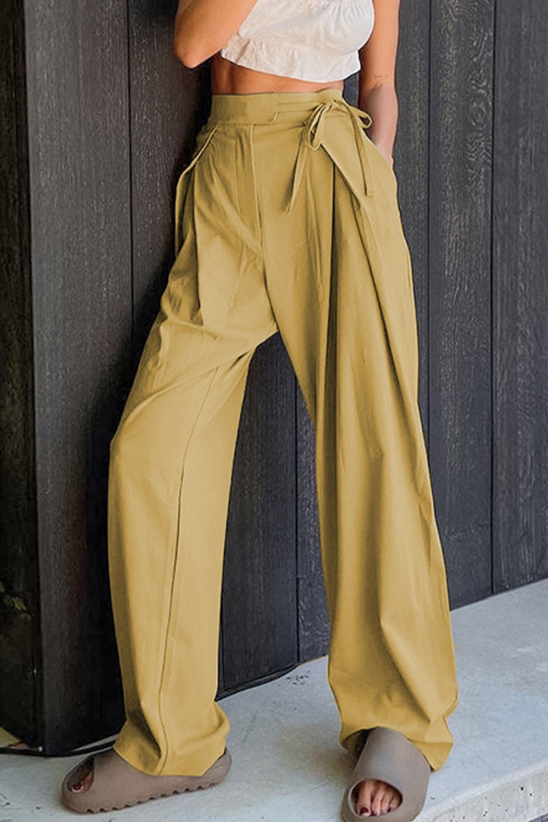 Casual Solid Frenulum Loose High Waist Straight Solid Color Bottoms(6 Colors)