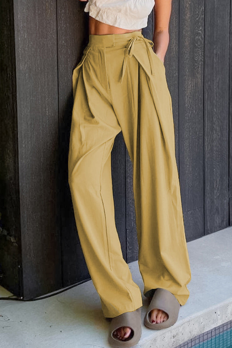 Casual Solid Frenulum Loose High Waist Straight Solid Color Bottoms(6 Colors)