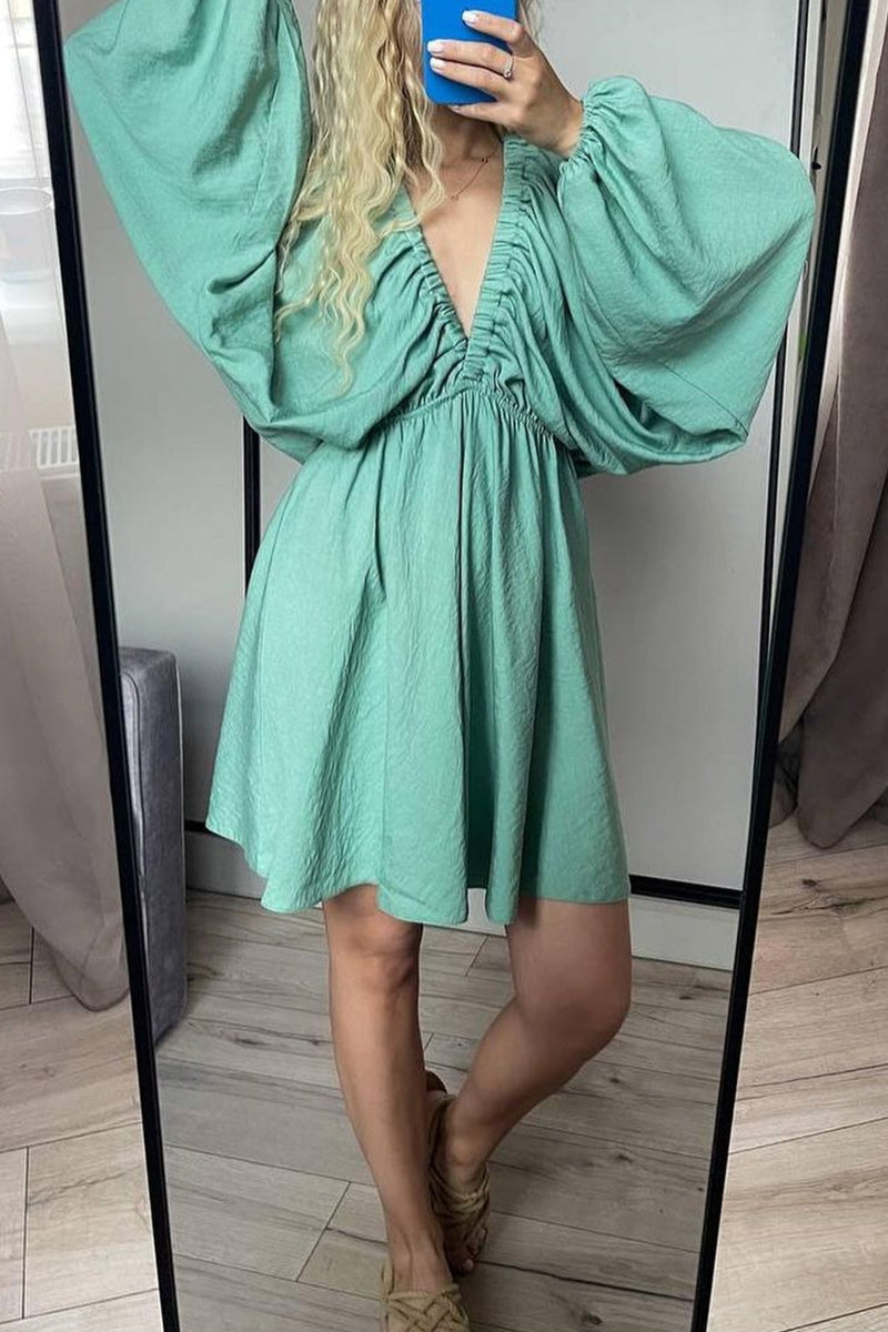 Robes Sexy Simples, Color Unie, Froncées, Col en V, Manches Longues