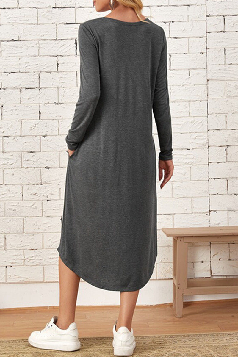 Casual Simplicity Solid Pocket O Neck Long Sleeve Dresses