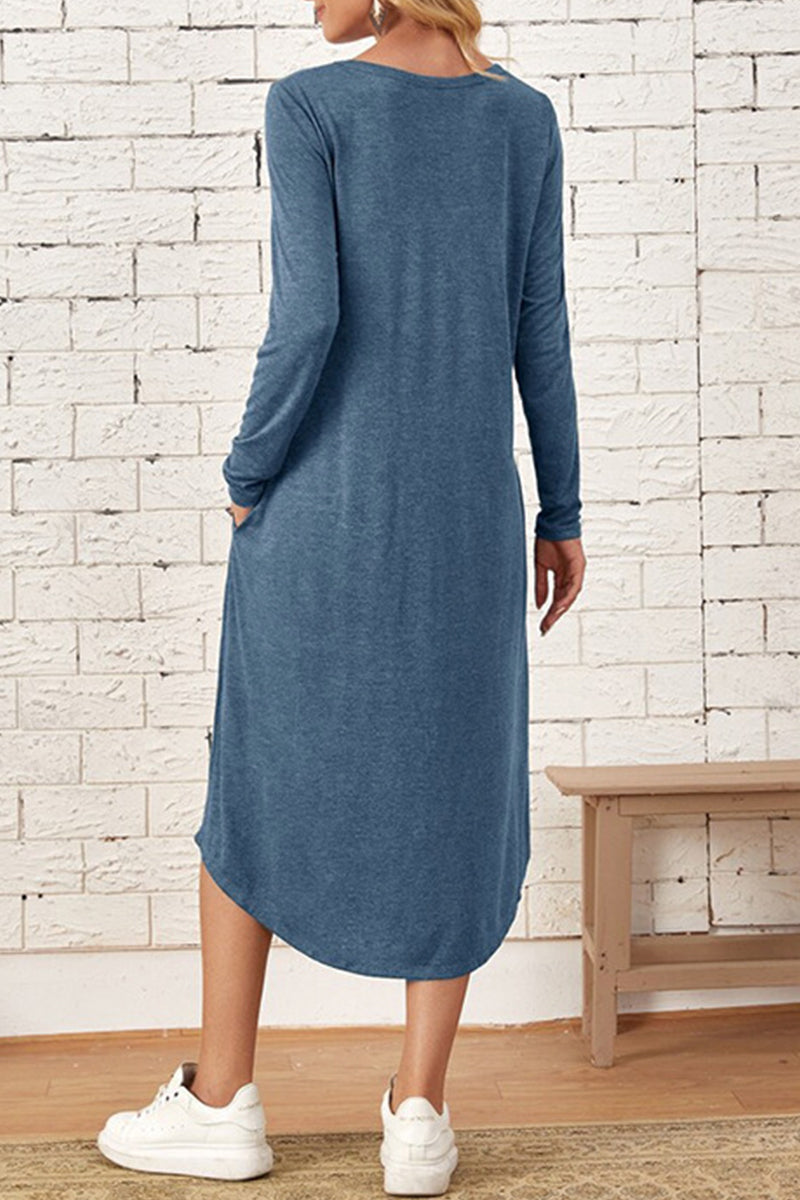 Casual Simplicity Solid Pocket O Neck Long Sleeve Dresses