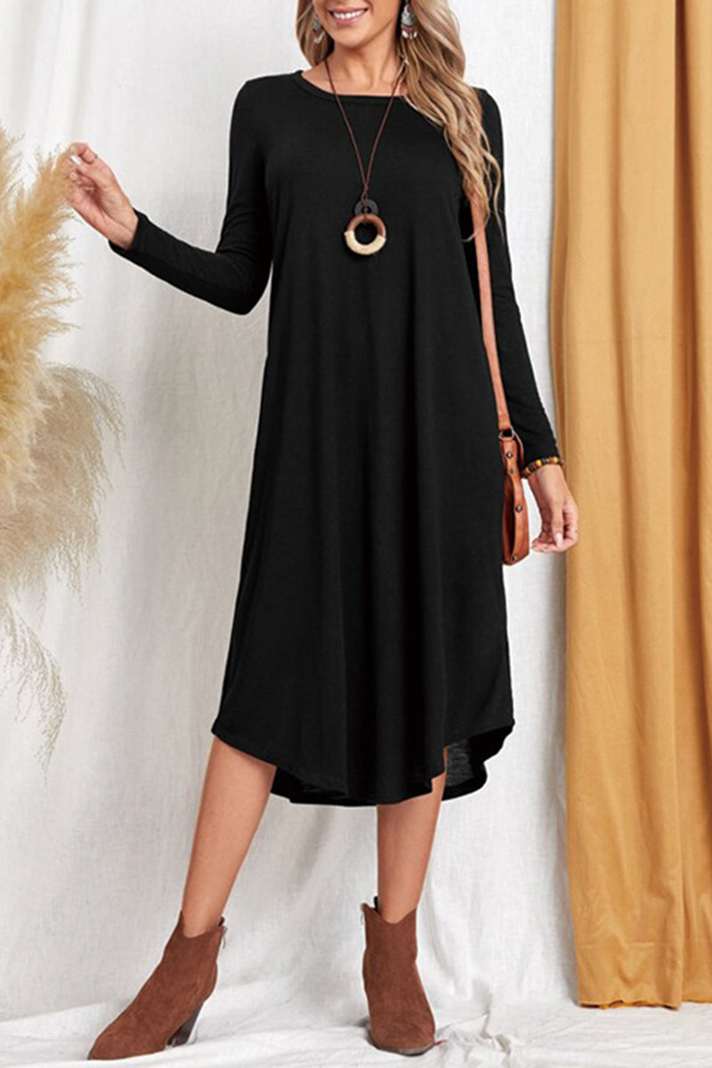 Casual Simplicity Solid Pocket O Neck Long Sleeve Dresses